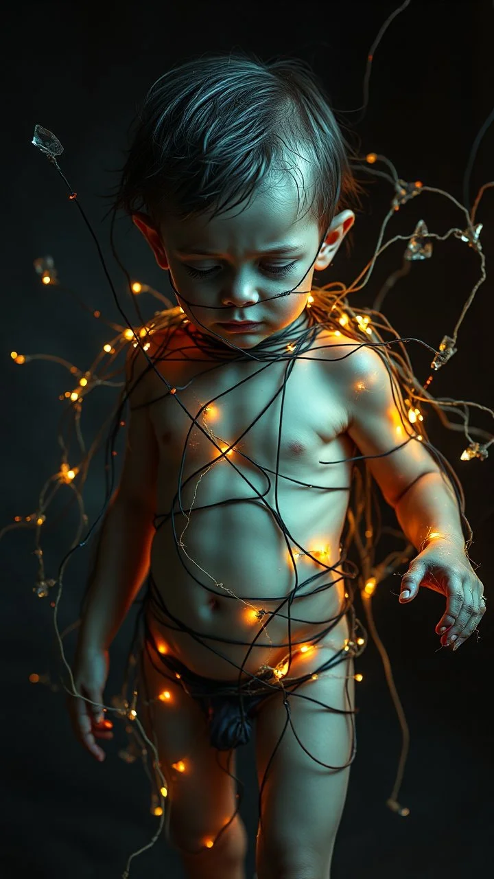 An child trapped and tied by tangled, glowing threads and sharp, beautiful shards of glass, vulnerable and strong, surreal anatomy, emotional