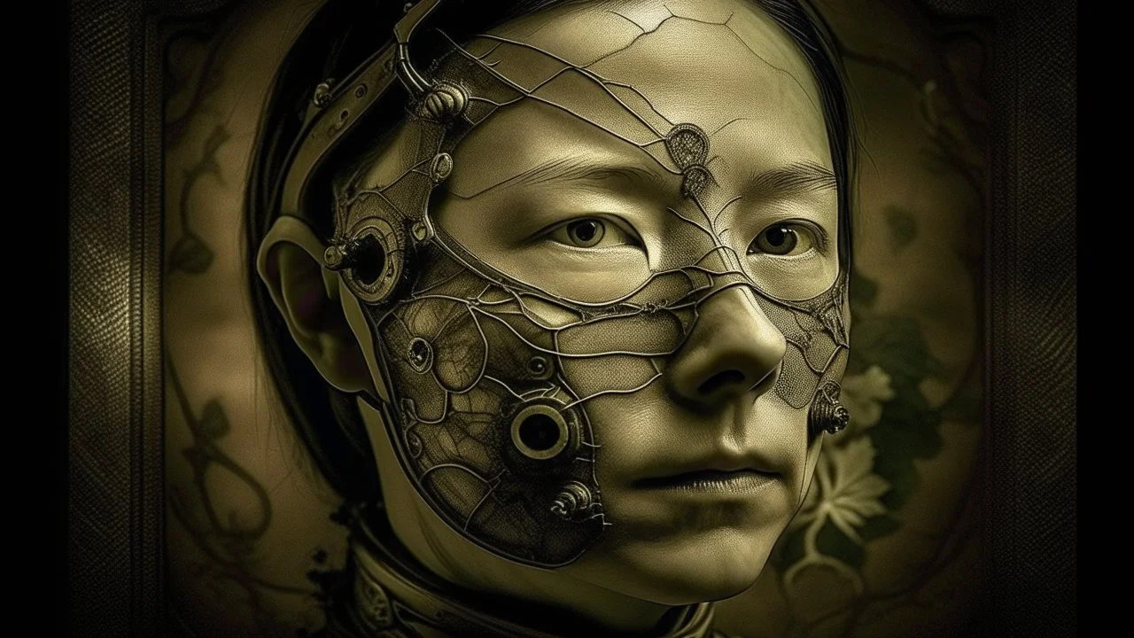 retrato en primer plano de Cazador de reliquias Piel alienígena orgánico-mecánica biomecánica Corte ivy league Fondo de bambú claro Daguerrotipo aesthetic