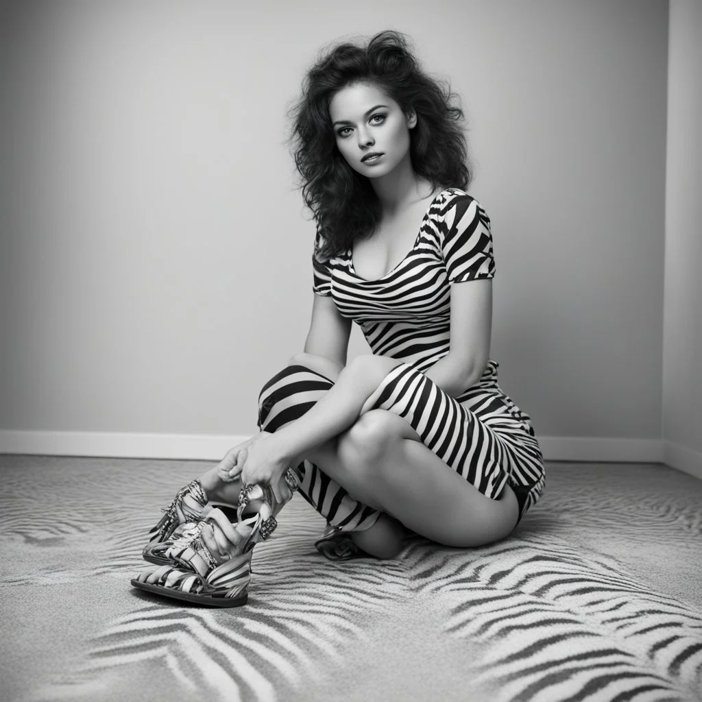 she is sitting down on the floor in black and white zebra, showing off her sandals