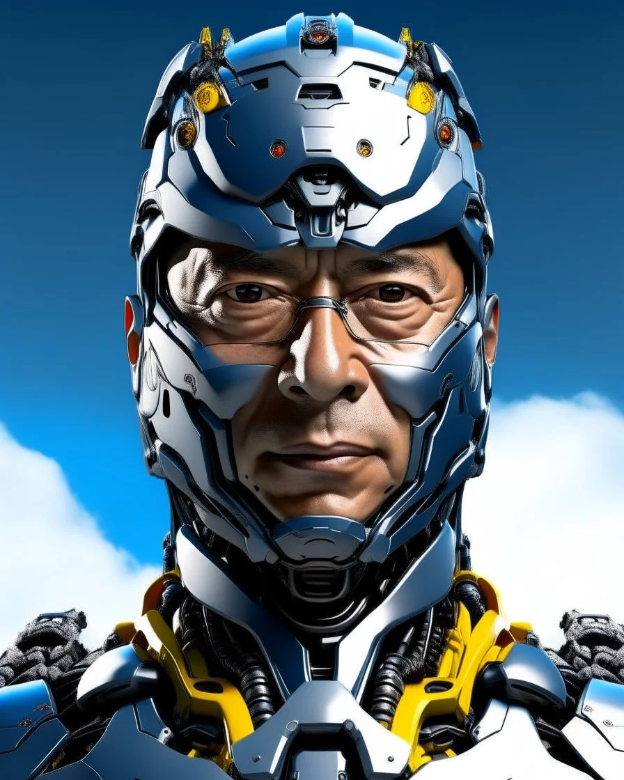 Cyborg armor with helmet on head serious face