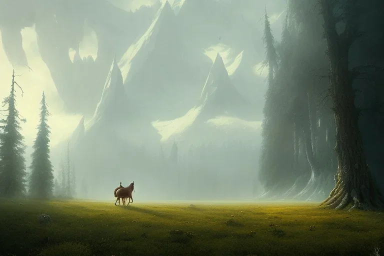 a lonely traveler wandering alone in a large pine forest with a horse and in the distans a large mountain range is visibel, high fantasy, lord of the rings, dungeons and dragons, in the style of jakub rozalski