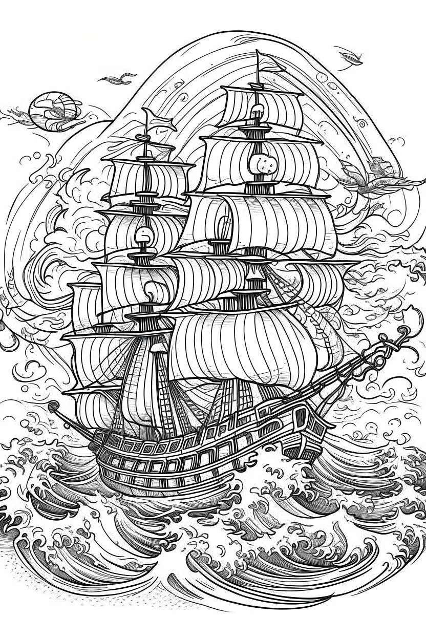 A haunted pirate ship sailing on rough seas while ghosts roam the deck.. Outline, sketch style, only use outline, mandala style, clean line art, white background, no shadows, no clear wall, coloring page.