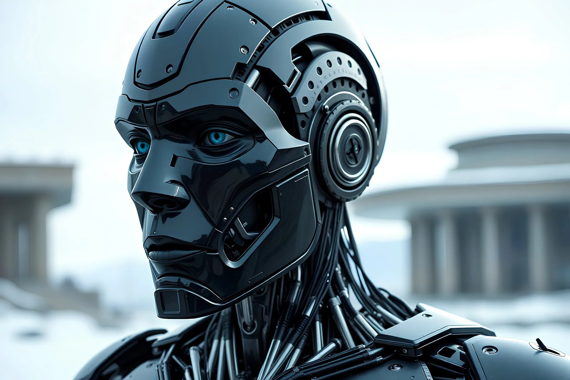 half human half robot, very detailed, ultra high quality, impressive, cinematic, monumental