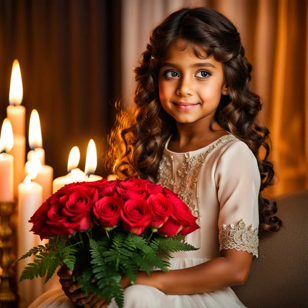 a young 8 years old girl sitting on a couch holding a bunch of flowers, tanned ameera al taweel, hair whitebangs hair, sitting on comfort, roses and lush fern flowers, with big eyes, in a room full of candles, a microscopic photo, cute photograph, from left