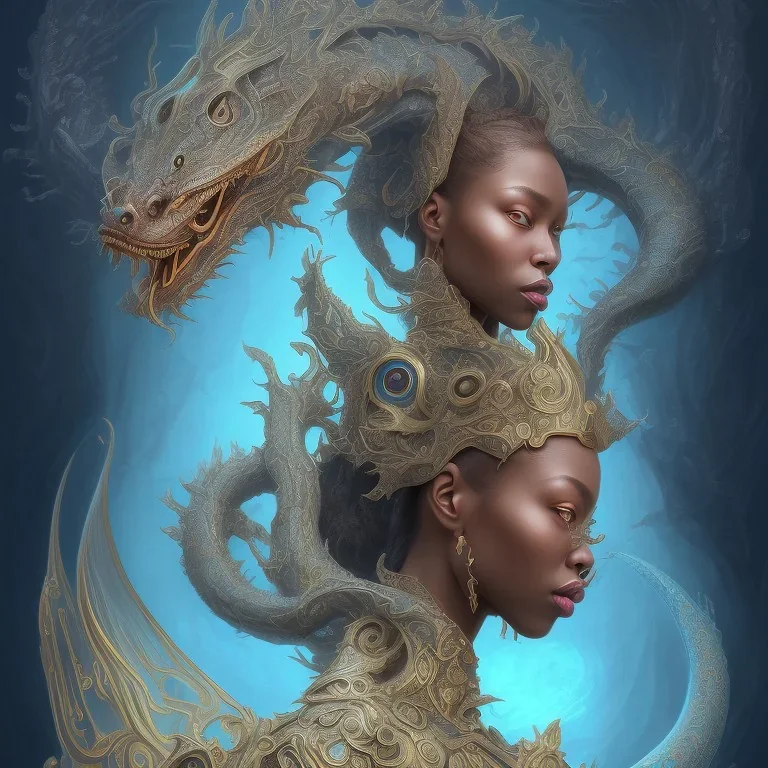 sango fantasy, fantasy magic, intricate, sharp focus, illustration, highly detailed, digital painting, concept art, matte, artgerm and paul lewin and kehinde wiley, masterpiece sexy lips Asian afro lips black African lady body mermaid blue Dragon head golden space lady sea under water mermaid pretty