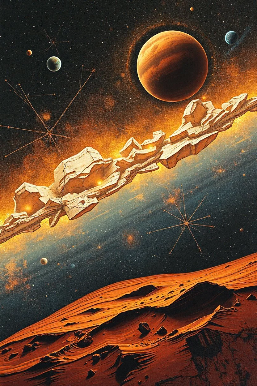 Bosch painting style of a neurones in the space with earth and other planets in it, thine line draw style, show a shot of a view of Mars surface