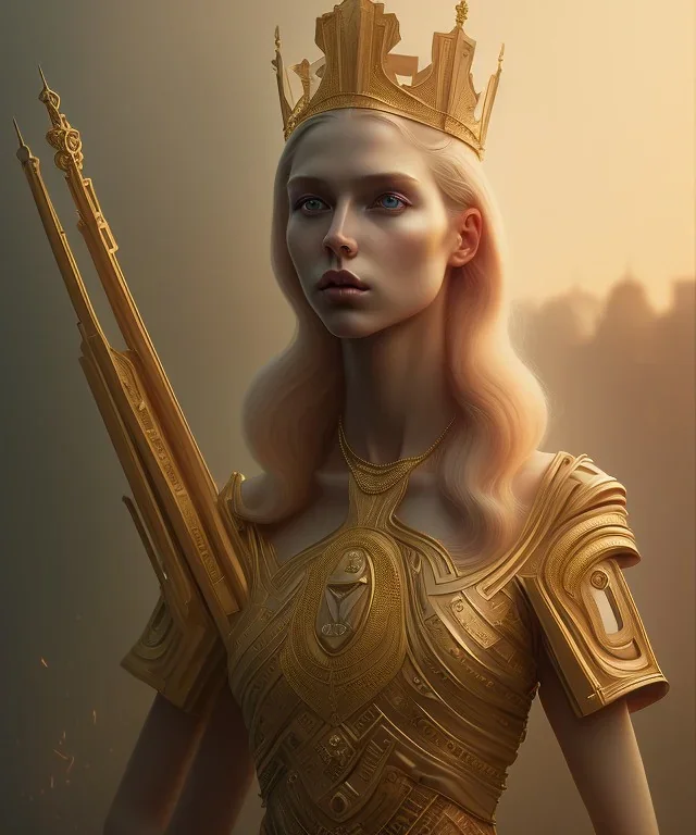 Statue of Queen of photography. Cute blonde woman. Photographer in golden crown. Standing on the street. Big camera in her hand. hyperdetailed, photorealistic, trending on artstation, greg rutkowski, beksinski, kodachrome