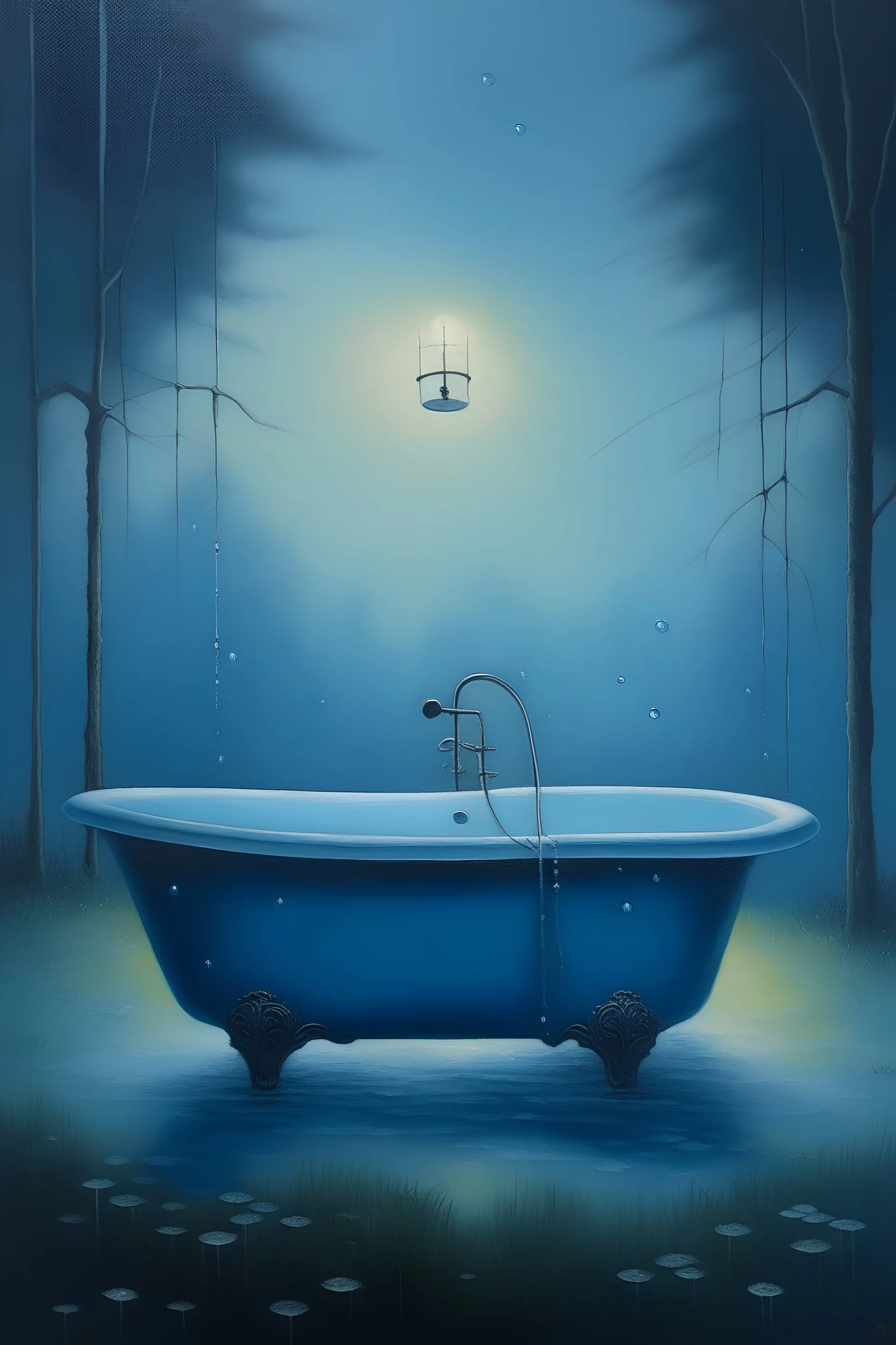an oil painting of a bathtub in a blue foggy bathroom with fireflies