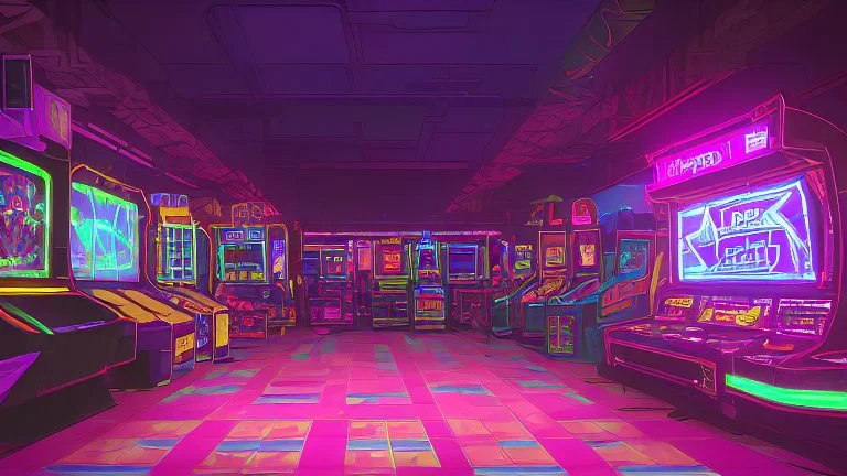 A dark photo of the corners of an 80's aesthetics arcade at night, with a lot of functioning arcade machines, a vaporwave floor and some colorful tiles in between the floor. Purple aesthetics. There are some pizza boxes over some of the arcade machines. The wall has a ticket shop who sells plushies, food and laser tag guns