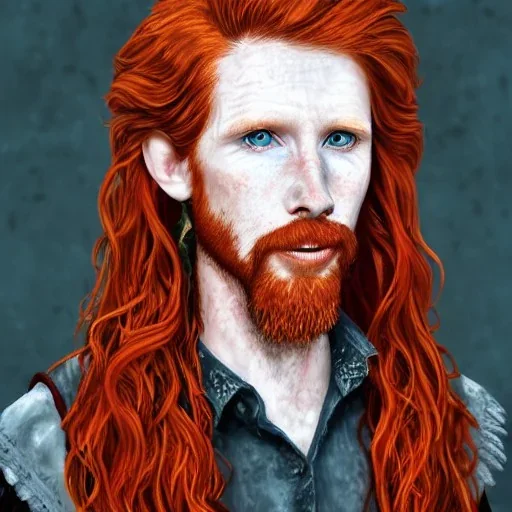 Portrait of young Courtney Gains as a ruggedly handsome, joyful, roguish pirate, charismatic, attractive male, masculine, perfect, precisely detailed clear eyes, unblemished, flawless skin, softly freckled face; meticulously detailed multi-hued ginger carrot-colored cherry fire red hair; fantasy, intricate, elegant, highly detailed, digital painting, concept art, matte, sharp focus, illustration, art by artgerm and greg rutkowski and alphonse mucha