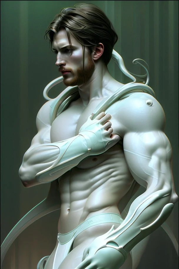 photorealistic white male handsome, hyperdetailed painting, luminism, Bar lighting, complex, dark green miltary armor, 4k resolution concept art, Artgerm, WLOP, Alphonse Mucha, 3d render, octane render, intricately detailed, cinematic, awesome full color, hand drawn, dark, gritty, cinematic