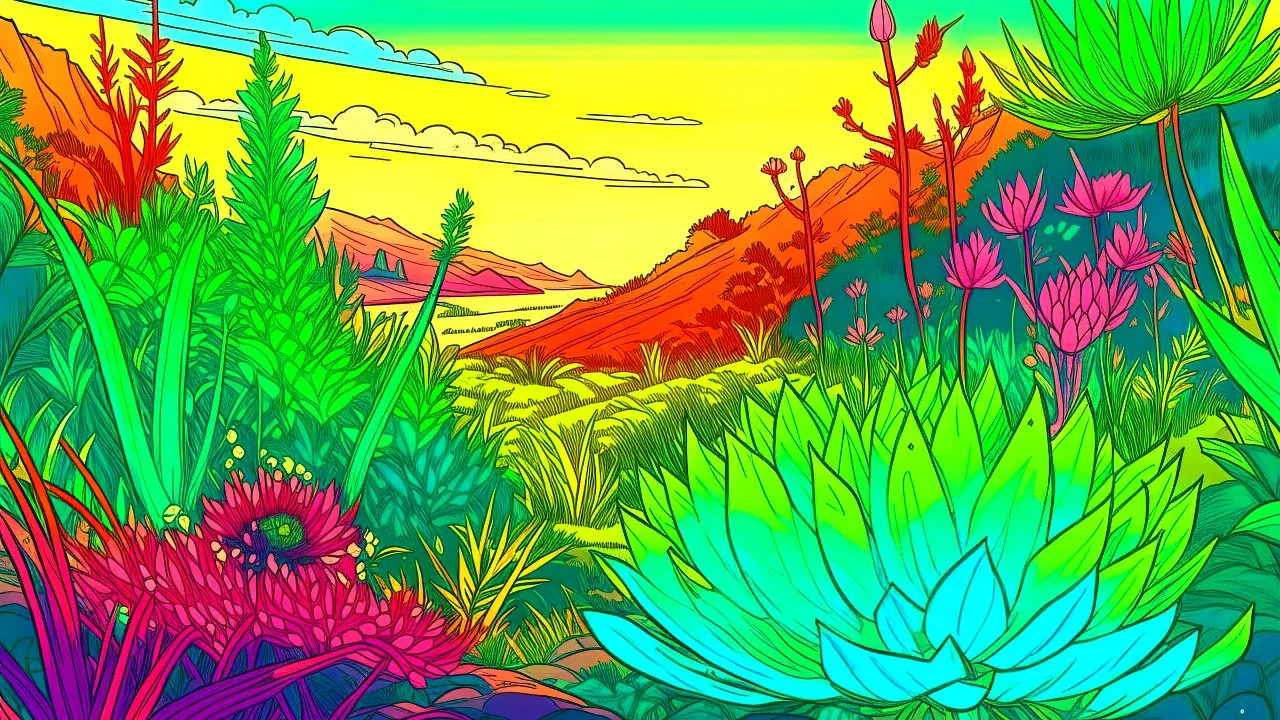 comic style, highly detailed ,gorgeous otherworldly landscape, otherworldly plants