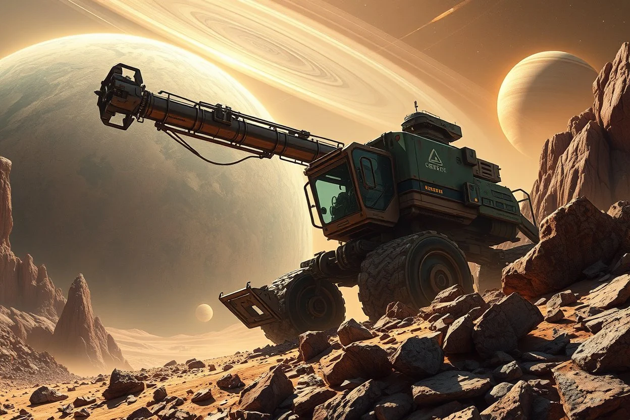 Sci-fi, sci fi dramatic scene, a colossal resource harvester bot with one drill arm and one pincher arm surveys a rocky alien planet surveying for mineral resources, grand, expansive, intricate detail, by Brian Despain, detailed full color digital illustration, comet streaking, ringed planets in distance