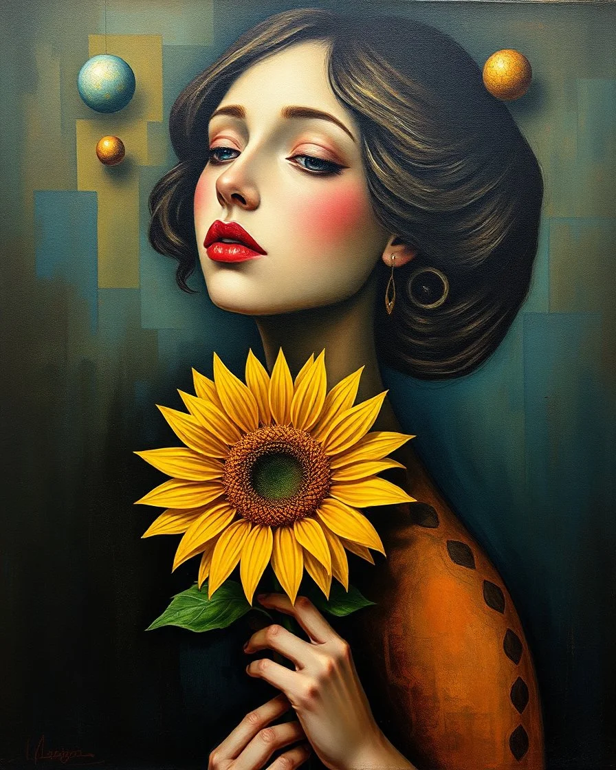 painting of a woman holding a sunflower , surrealist painting, surrealist artwork, emotional surrealist art, abstract surrealist, a surrealist painting, surrealist art , abstract surrealism, abstract surrealism masterpiece, surreal painting, contemporary surrealism, magically shaped surrealism
