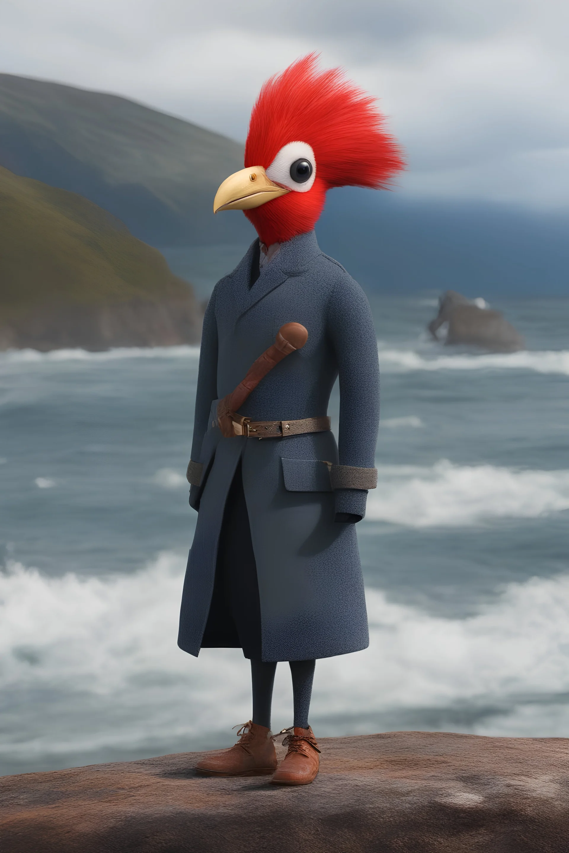 full body, head to toe, 3D, an anthropomorphic Scottish woodpecker named William, with short, pixie-cut, (((red hair))) tapered on the sides - full color - 32k, UHD, 1080p, 8 x 10, glossy professional quality digital photograph - raging sea and mountains and a ship in the background, historic, powerful, exquisite detail, sharp - focus, ((skin details, high detailed skin texture))