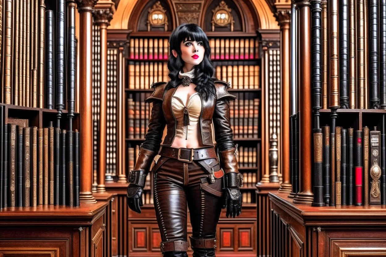 a full-length pale dark-haired woman with a straight bob hairstyle with a fringe, in a steampunk leather outfit, and gloves, standing in a steampunk library