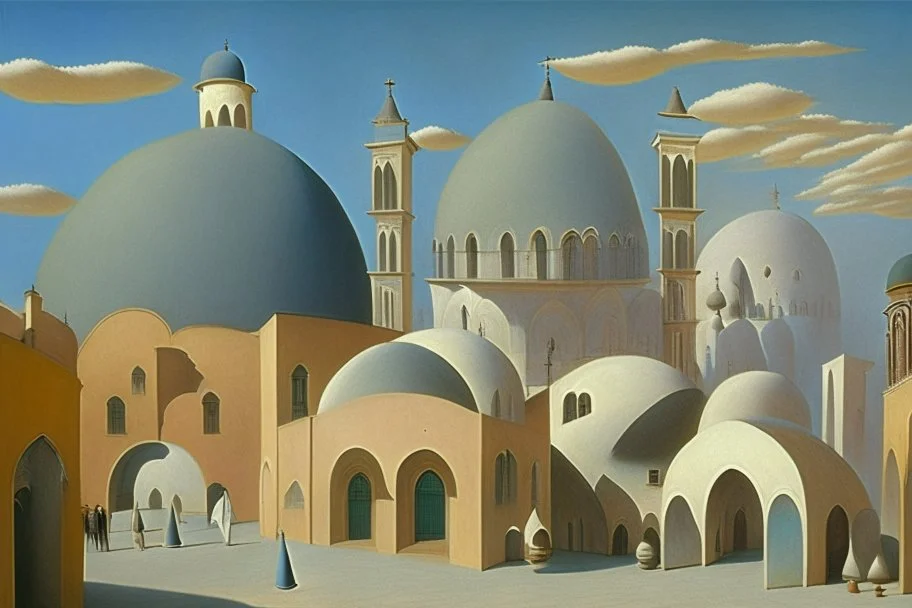 A surreal town with arches and domes, clouds and with long shadows by artist "Berndnaut" and "Leonora Carrington" and "de Chirico"