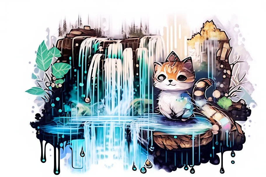 cute chibi cat in a restaurant double exposure waterfall in the forest watercolor and ink