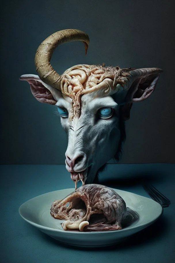 cursed meal with a goat head and some brain, photorealistic image