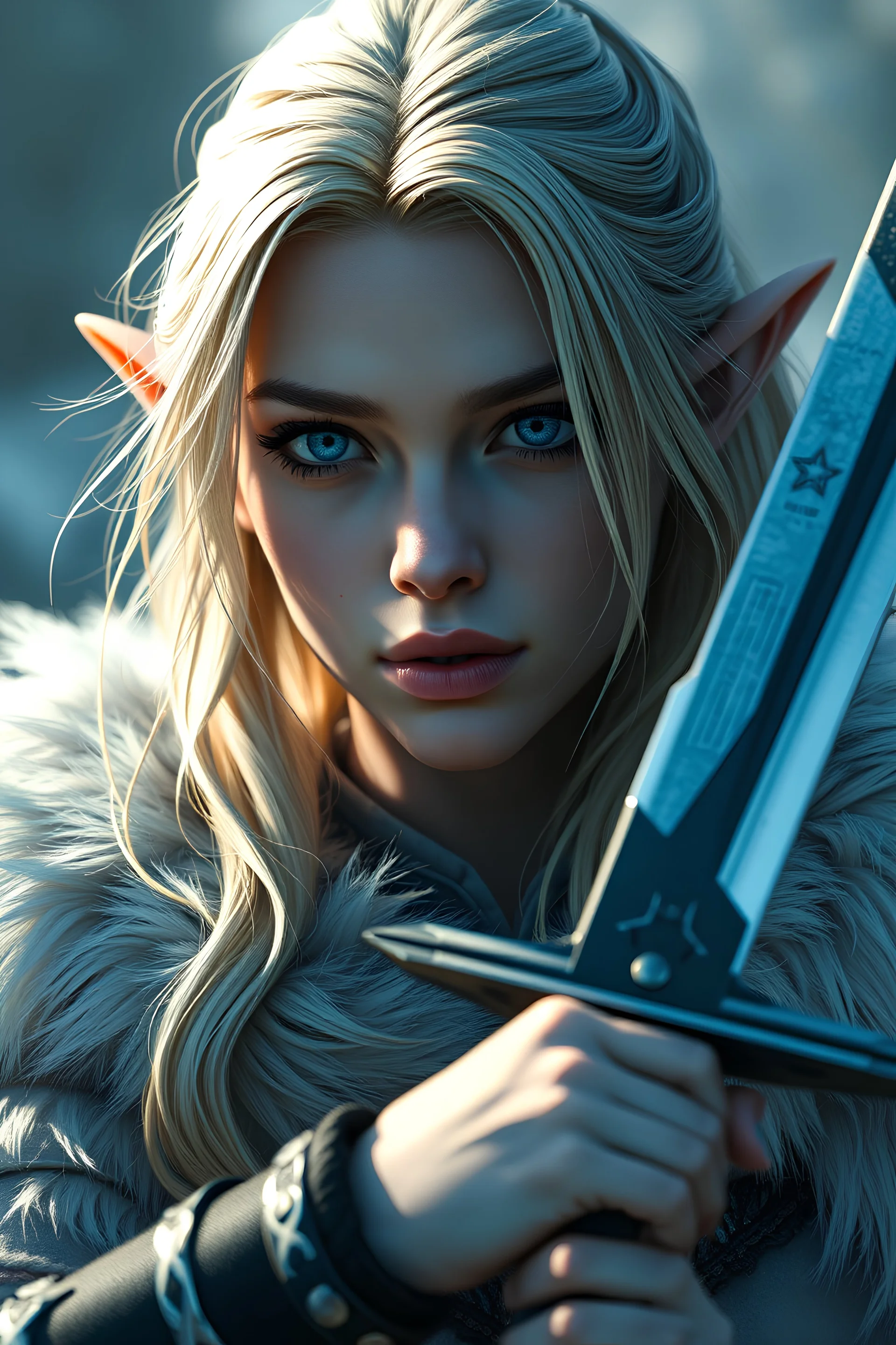 Adult elf, 8k cgi, unreal engine 6, high detail, photo realistic, fighter, great sword, blue eyes, silver and gold blonde hair, mature features, female, white fur cloak