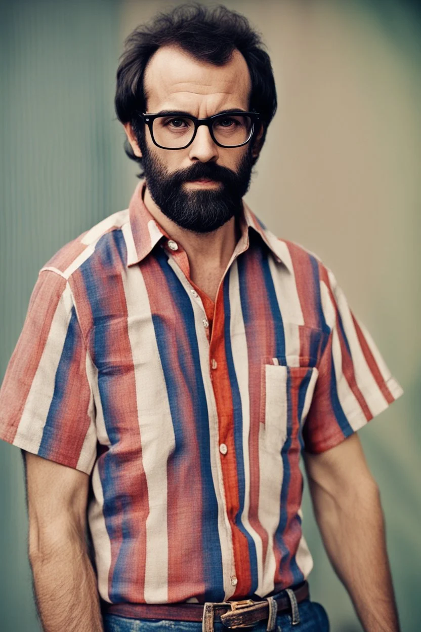 Man similar to Ronald "Ronnie" Vannucci Jr. with glasses of colours and poor and short short short and poor hair on the head with receding hairline. Farsightedness glasses with big eyes. Shirt beard in the head. Vintage look and feel like photo style-of the 70s