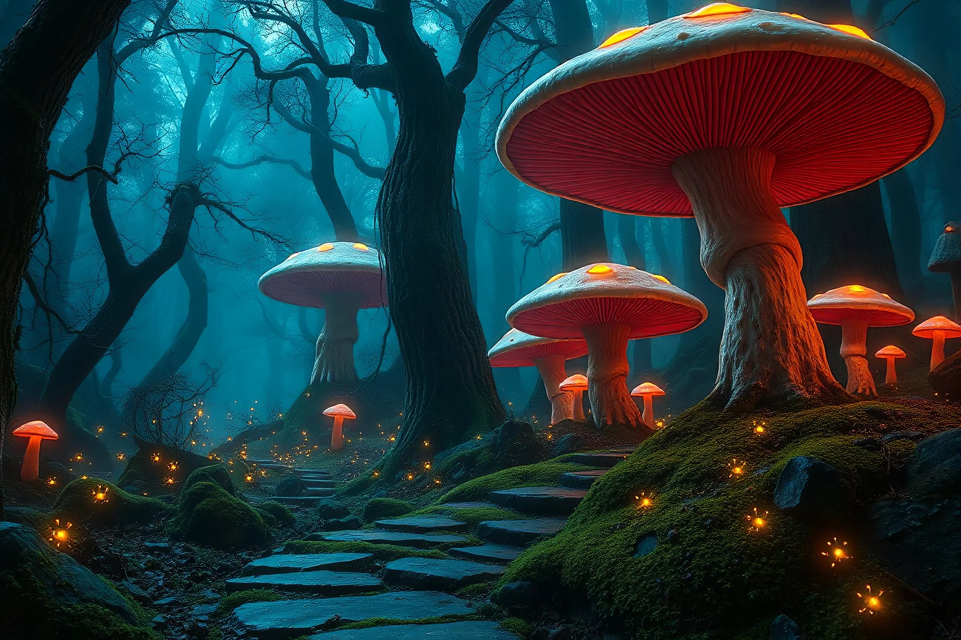 Ancient forest with gigantic glowing mushrooms, neon fireflies, and a mossy stone path, fantasy style
