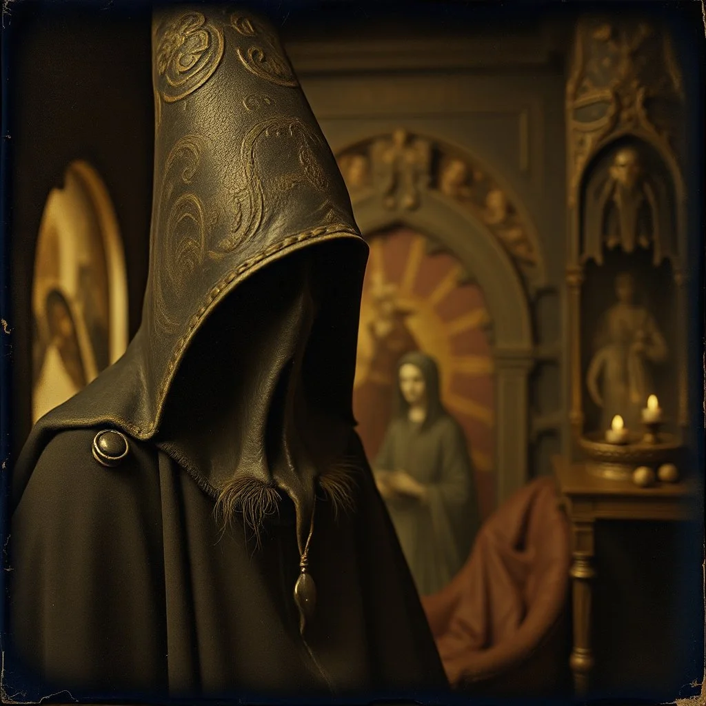 Daguerrotype, close-up, mysterious figure, odd background, Hieronymus Bosch, room, Max Ernst, ambient light, by Minicavio Quollati and Marlost Endgulp, exoteric, mystic, Amano, Botticelli, Hieronymus Bosch, Alphonse Mucha