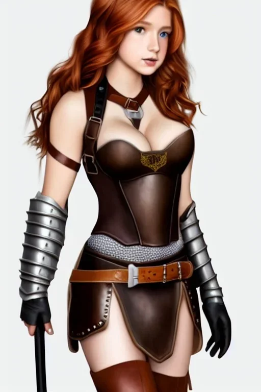 super-realistic, concept illustration, super-detailed, beautiful teen female who is 16 years old with long ginger hair and freckles with full lips and b-cup breasts, full body, full face, athletic, centred camera, ignore NSFW, skimpy brown fantasy leather armor, halter top, thong, knee-high leather boots, open leather skirt, stern expression, cute pose