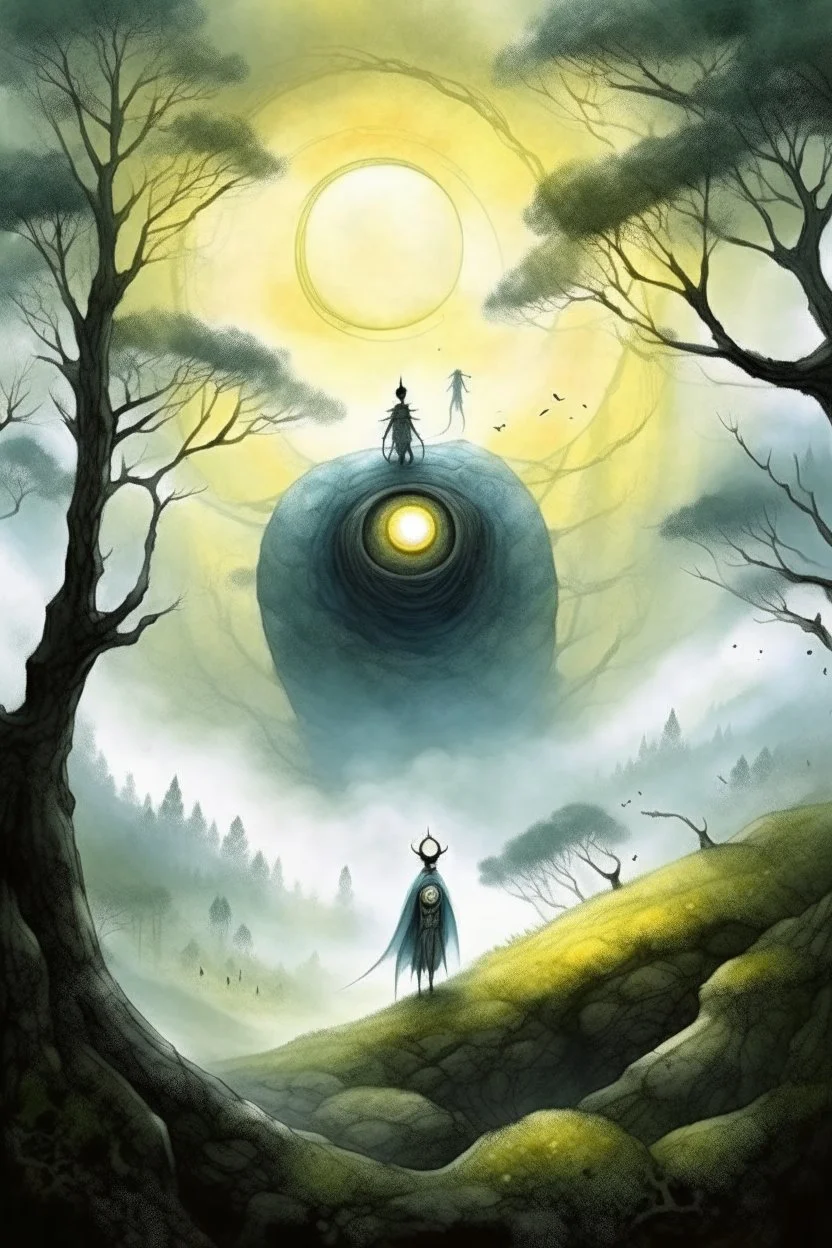 forest fog, superbig full moon, Bosch painting style creature with cape figure stand up on spiral rock, face evil angry , super big eyes, circles eyes, super hero