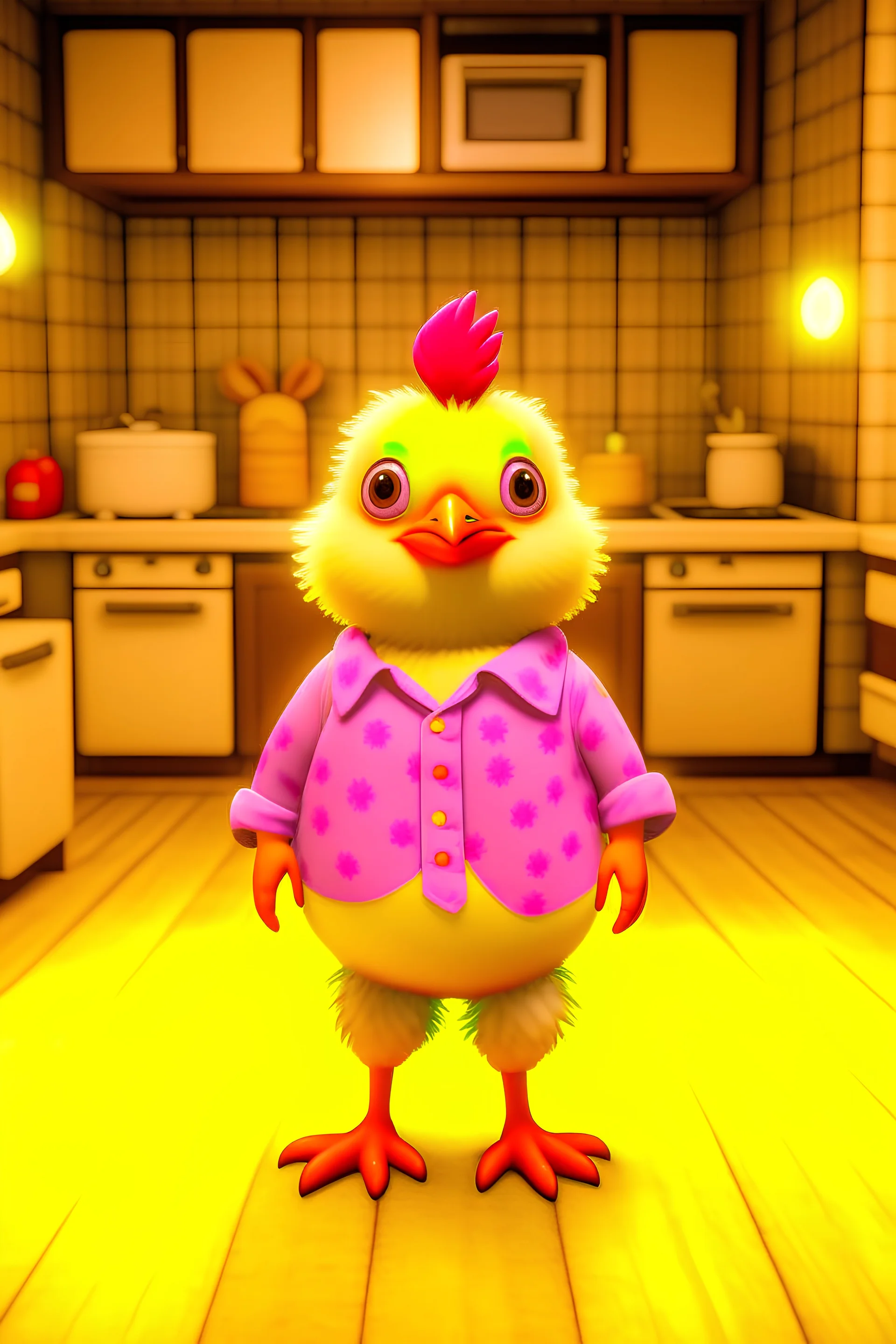 The little chicken is cute and cute and small and he 's wearing a jelly dress and he 's standing in the kitchen in shock .