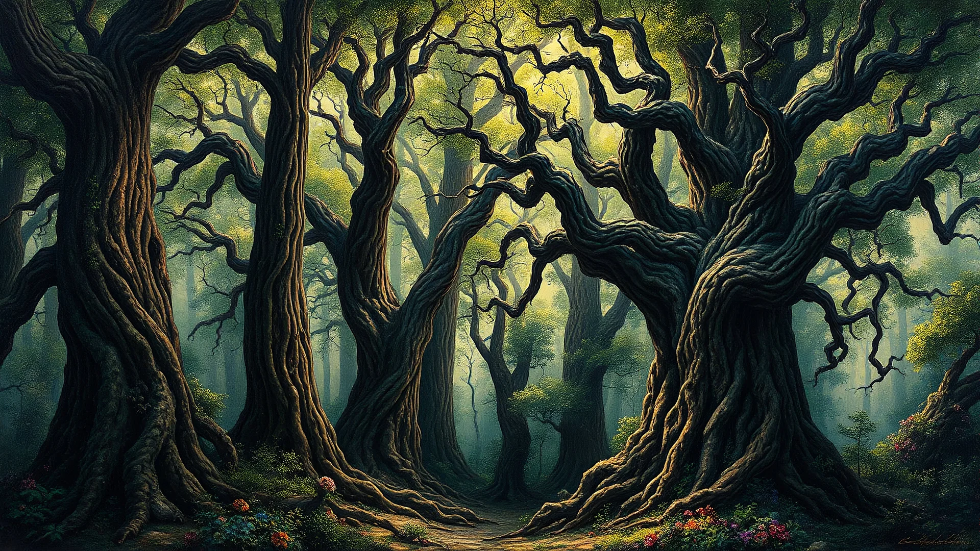 A striking and intricate painting of a fantastical forest, where the ancient trees stand tall with gnarled and twisted trunks. The branches stretch out like the fingers of a wise elder, reaching towards the heavens as if to grasp the very secrets of the universe. The interplay of light and shadow creates a haunting yet beautiful atmosphere, giving depth and dimension to the forest. The vibrant colors and textures of the foliage come alive, drawing the viewer into a realm of ancient magic and unt