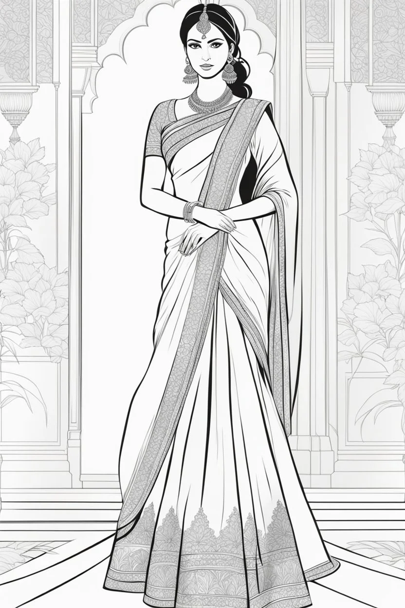 Coloring page for adults of a elegant fashion model woman wearing hindi dress, dynamic poses, full body portrait, thick and clean lines, clean details, no-color, no-turban, , non background, non color, non shading, no-grayscale, dynamic poses, full body portrait, thick and clean lines, clean details, no-color, no-turban, , non background, non color, non shading, no-grayscale