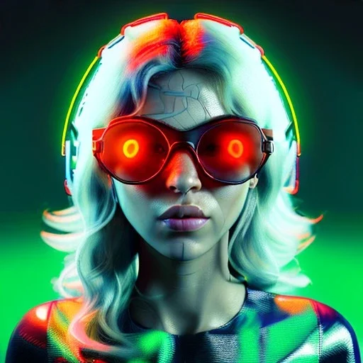 Shakira, artist, 30 years old, Realistic image, waist up portrait, etro style dress, oversize. Gucci sunglasses. Blonde, loose long hair, eyes make up, perfect, glow, circle iris. Neon colors, leds, geometric. Cyberpunk. concept art, smooth, unreal engine 5, god lights, ray tracing, RTX, lumen lighting, ultra detail, volumetric lighting, 3d, finely drawn, high definition, 4k.