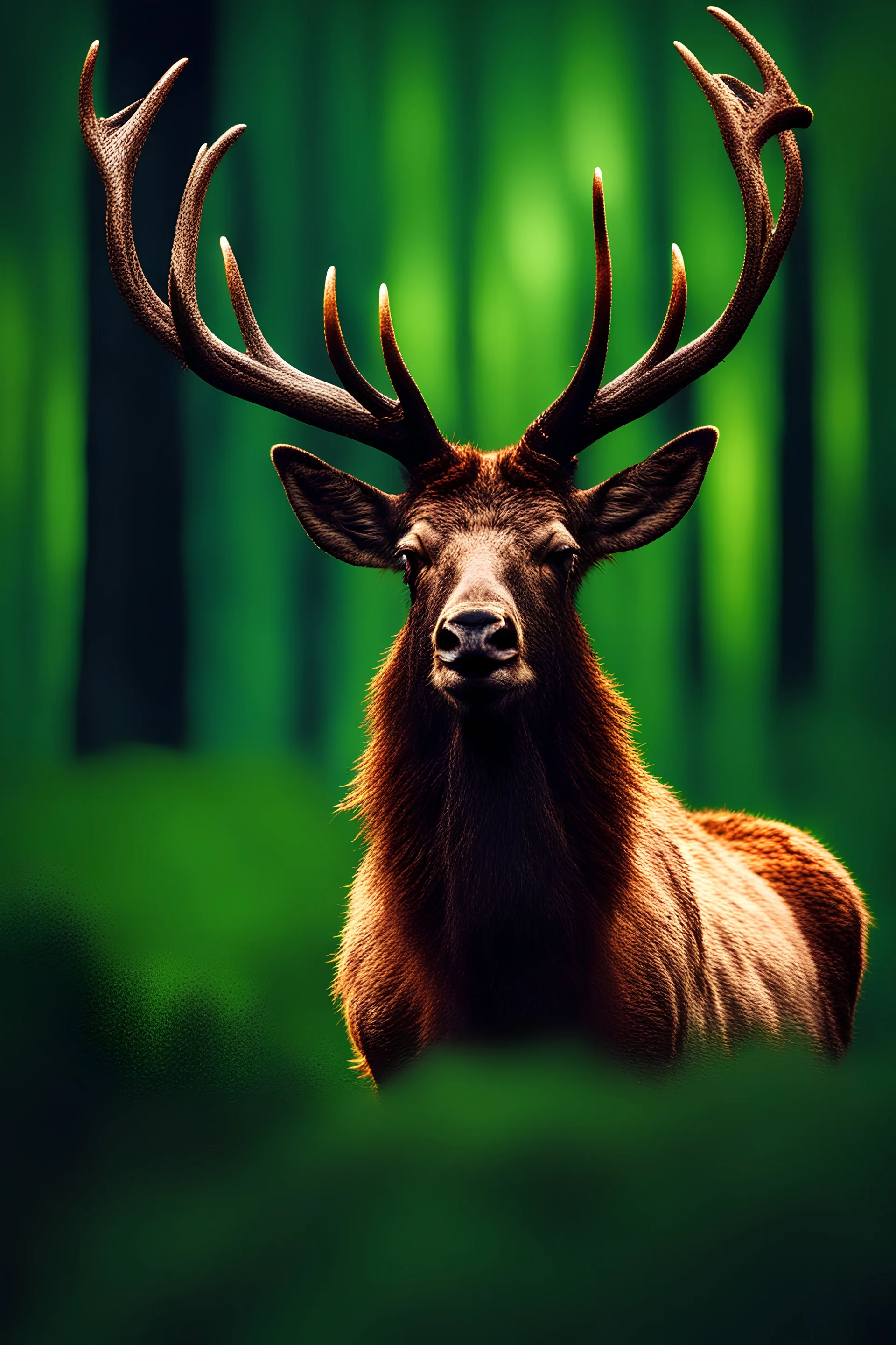 magical elk,sparkling striking fur ,realistic, night time, magical green hill background , exotic realism, beautiful colorful volumetric lighting, sharp focus, depth of field, masterpiece, photography