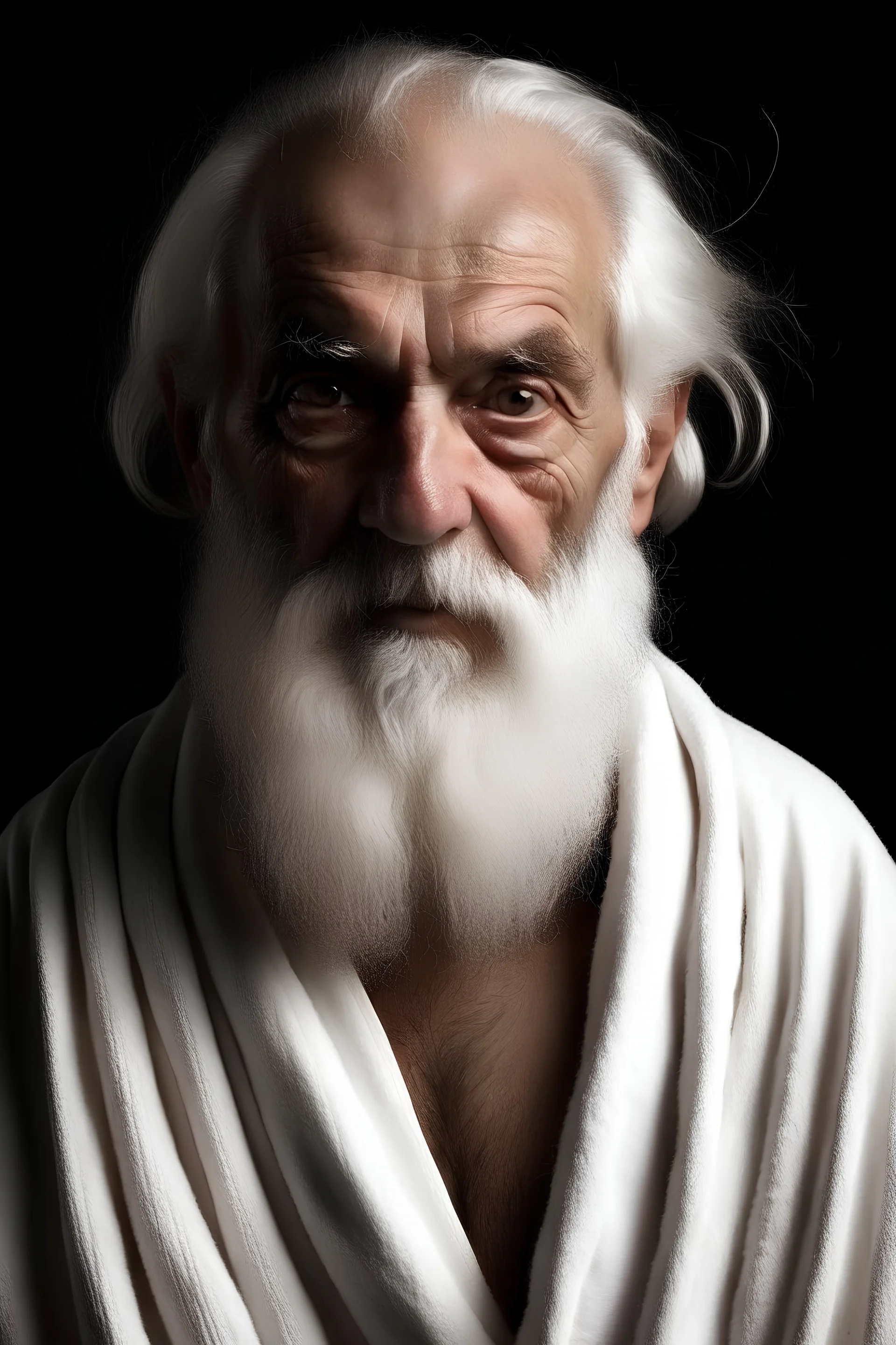 homme 60 sans chemise sous vetement blanc barbe blanche fond noir
