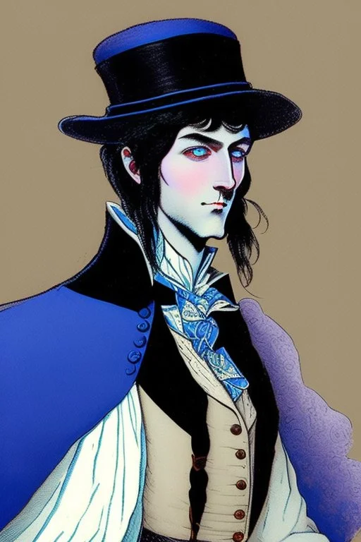 black haired blue eyed dandy wizard in the style of beresford egan