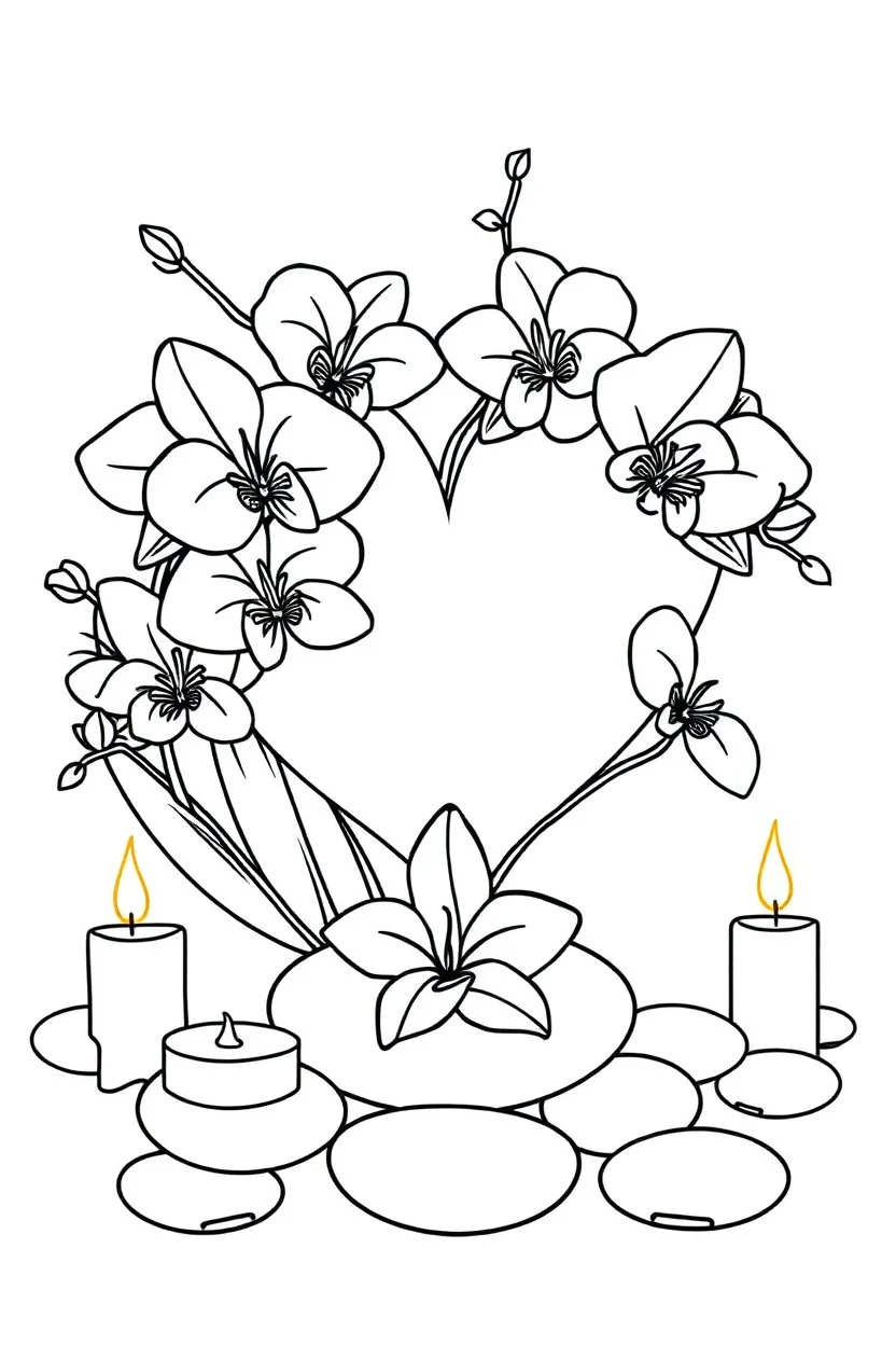 outline art for visually rich appealing heart ikebana orchids plumeria spa rounded stones around candles, coloring page for kids, white background, fit to page, only use outline, clean line art, no shadows, clear and well outlined