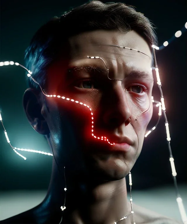 Ultra realistic photographic night portrait, medium shot view, cinematic, many clones naked, young, face shaved, led lights <child man> <hanging wires> many wires connected to the head <perfect pupil> <cyborg> <garage> <sci-fi futuristic> <thriller>, fog, soft color, highly detailed, unreal engine 5, ray tracing, RTX, lumen lighting, ultra detail, volumetric lighting, high definition.