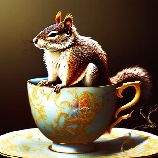 laughing squirrel sleeping, dreaming, drinking warm tea surfing waves on a teacup, fantasy art