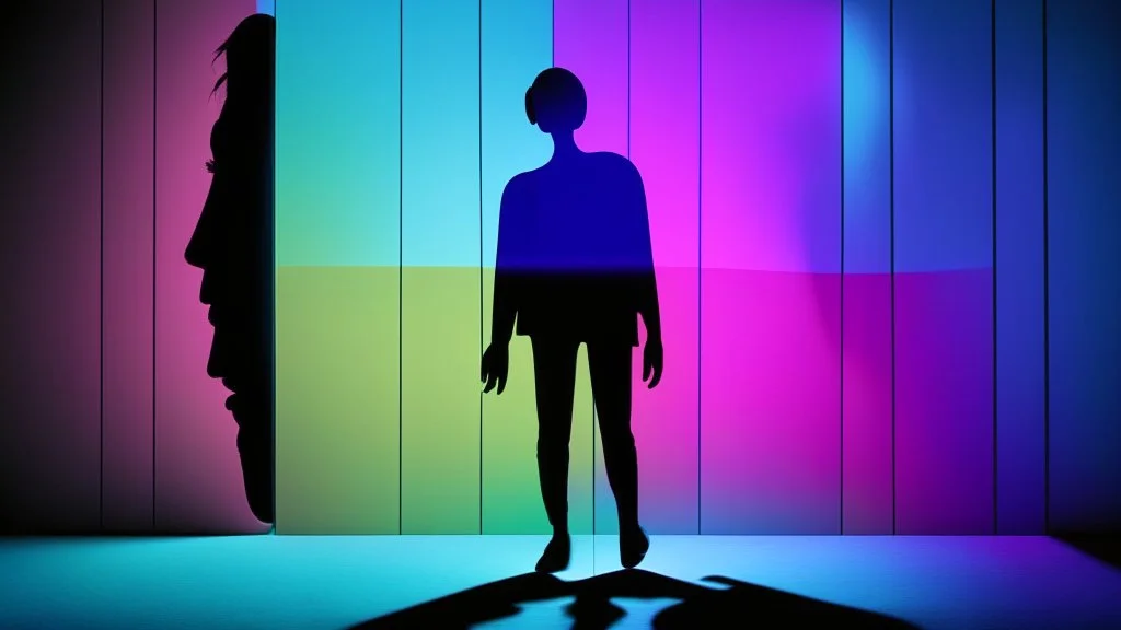 shadow made of different colors of a person looking for information on a large screen