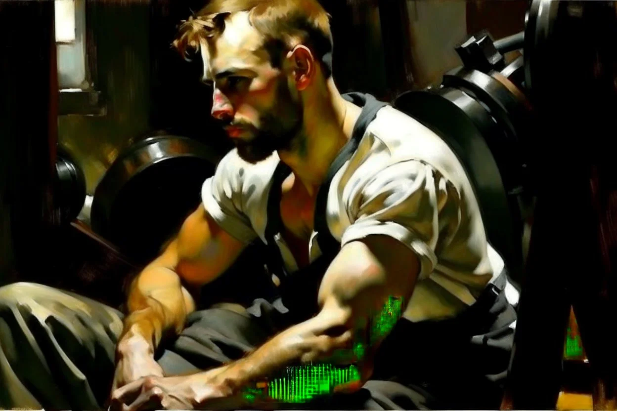 A handsome masculine shirtless scruff greasy dirty mechanic, Edward hopper John singer Sargent oil painting