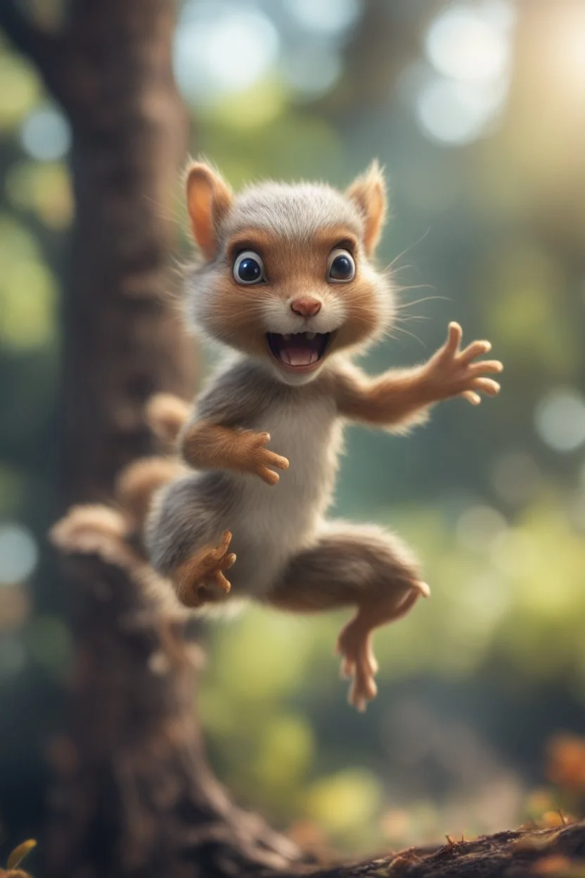 daisy jumping squirrel elf in angry talking mutant tree, bokeh like f/0.8, tilt-shift lens 8k, high detail, smooth render, down-light, unreal engine, prize winning