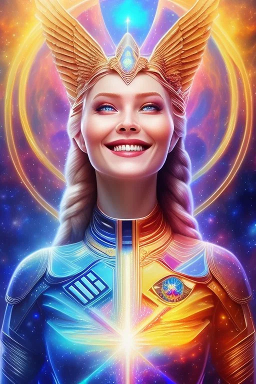 cosmic woman smile, admiral from the future, one fine whole face, crystalline skin, expressive blue eyes,rainbow, smiling lips, very nice smile, costume pleiadian, Beautiful tall woman pleiadian Galactic commander, ship, perfect datailed golden galactic suit, high rank, long blond hair, hand whit five perfect detailed finger, amazing big blue eyes, smilling mouth, high drfinition lips, cosmic happiness, bright colors, blue, pink, gold, jewels, realist, high commander