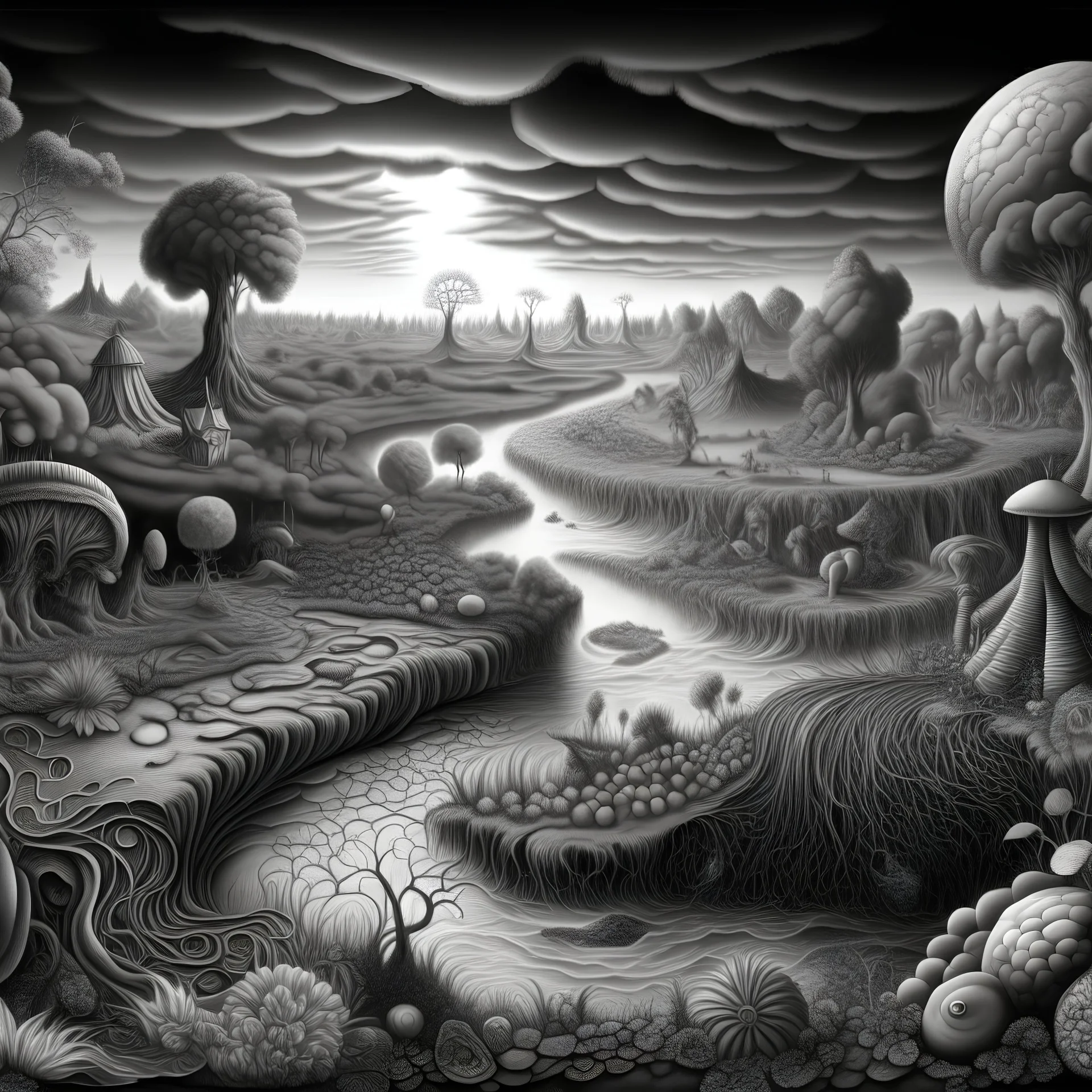 Magic surreal landscape highly intricate hyper-realistic mixed media ink oil painting by Ismail Junji Ito, Hieronymus Bosch, Klimt and Kandinsky, photorealism, precisionism, ambient occlusion, a masterpiece, 3d liquid detailing, subsurface scattering, octane render, VRay, 16k, matte background,