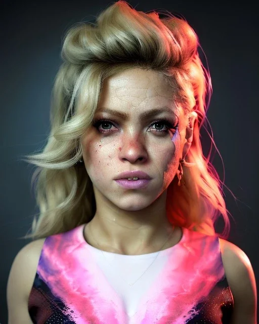 portrait, Shakira, blonde artist, angry, Realistic image, MMA robe, hoodie, mma gloves, band aid, loose long hair, eyes make up, face thunder gold make up, circle iris. moisture sweat, fog, Neon colors, leds. Dark background, photo studio, concept art, smooth, unreal engine 5, god lights, ray tracing, RTX, lumen lighting, ultra detail, volumetric lighting, 3d, finely drawn, high definition, 4k.