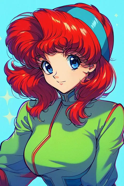 1girl, retro anime, 80's, redhead,Portrait of beautiful woman, sparkling dark blue eyes,
