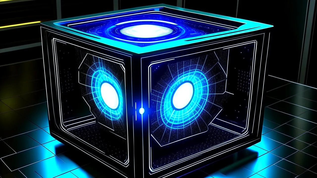 Cube tesseract from movie Loki. Located strictly in the middle of picture with navy blue/green glow inside tesseract. Without surface/table on which it stay.