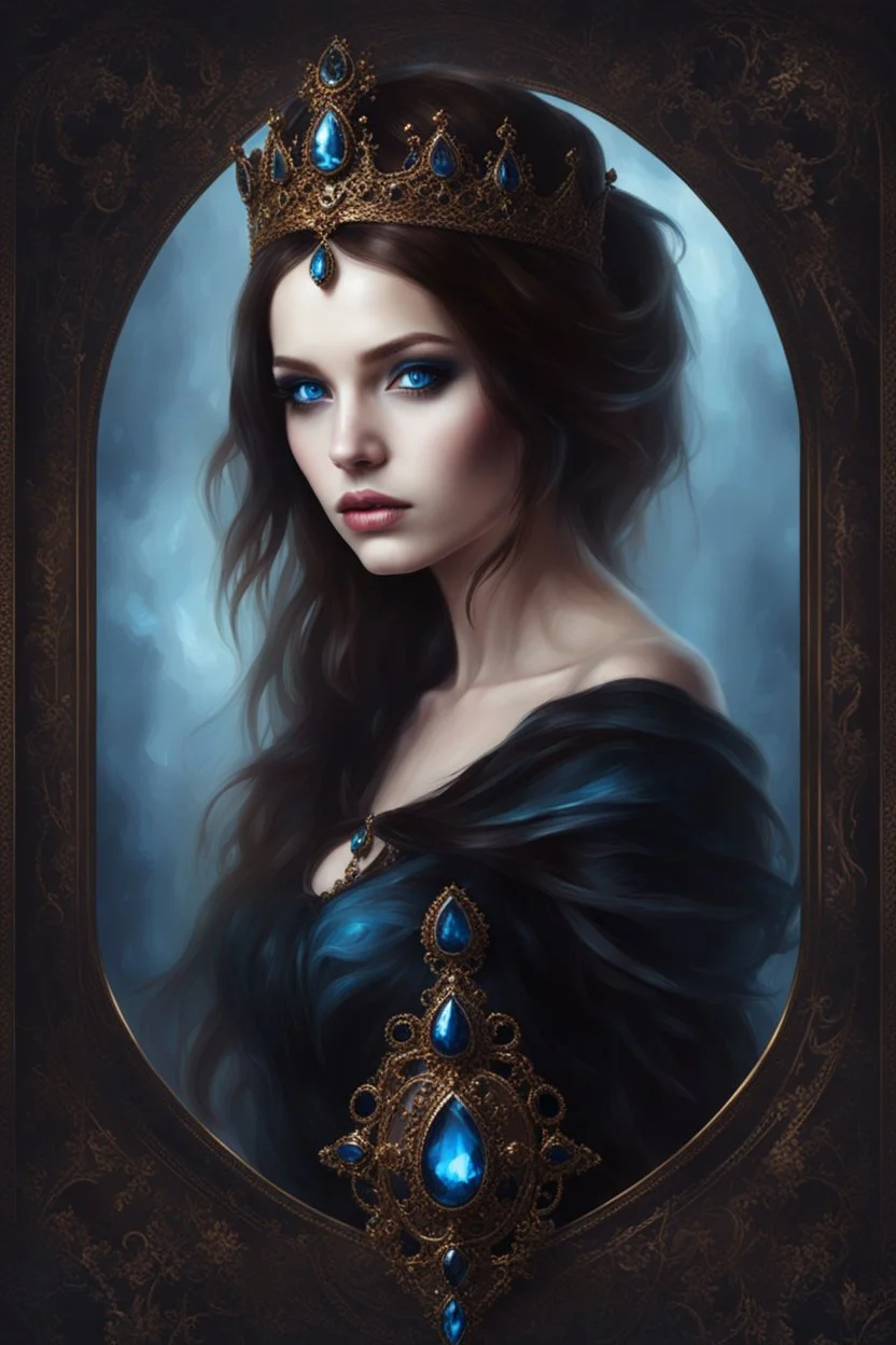 painted portrait of a young gothic queen with brown hair and blue eyes, very beautiful, dark fantasy