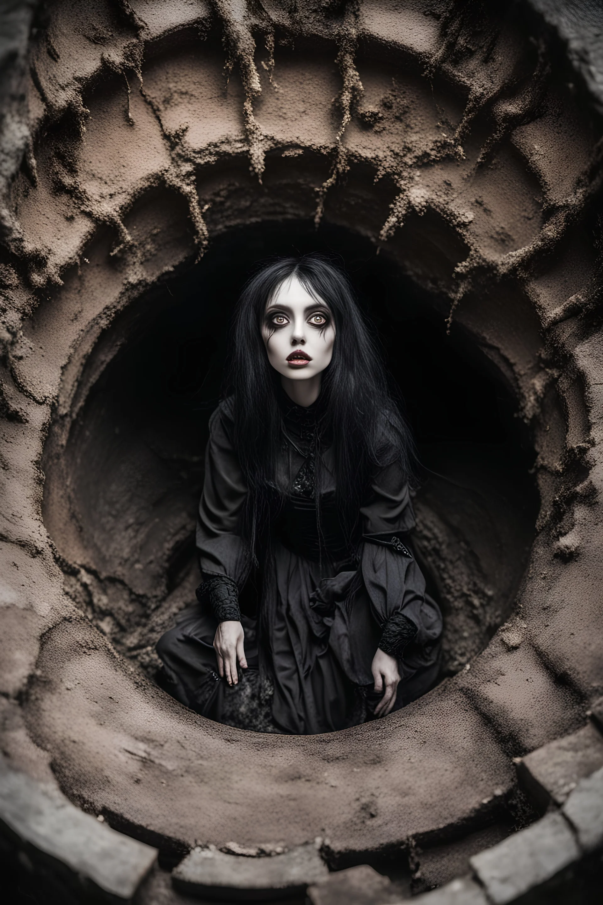 Closeup Girl goth with big eyes, fullbody, ragged clothes, extended like roots, the perspective looking up from the bottom of an empty well ,8k,macro photography,