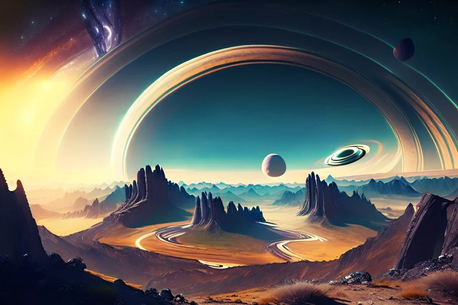 Alien landscape with exoplanet surrounded by rings in the sky, over the valley.